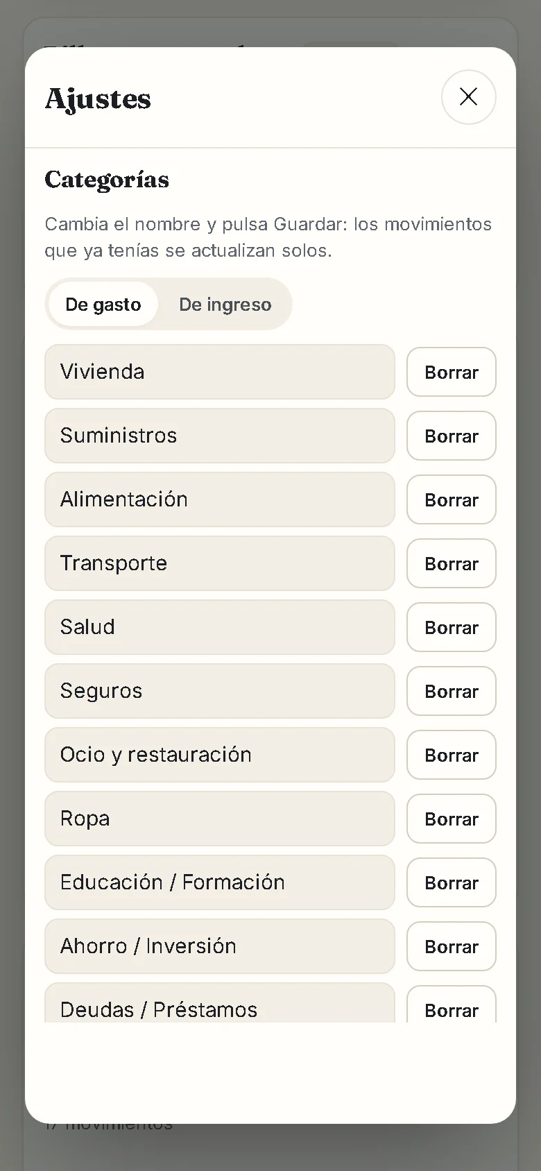 Ajustes de la app: moneda, tema y categorías propias