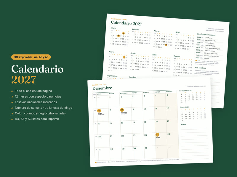 Calendario 2027 Imprimible en Español (PDF A4, A5 y A3, en color y en blanco y negro)
