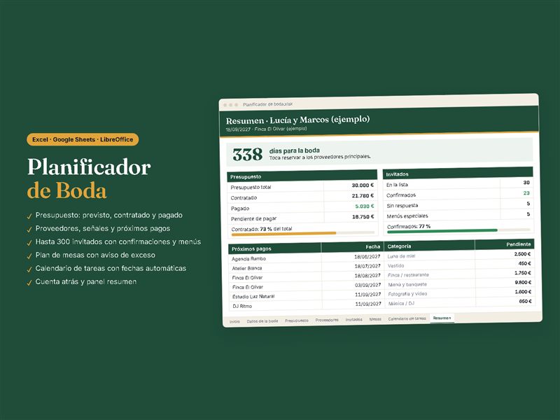 Planificador de Boda (Excel y Google Sheets)