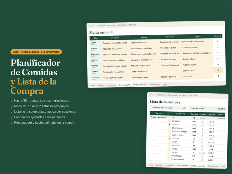 Planificador de Comidas Semanal y Lista de la Compra (Excel y PDF)