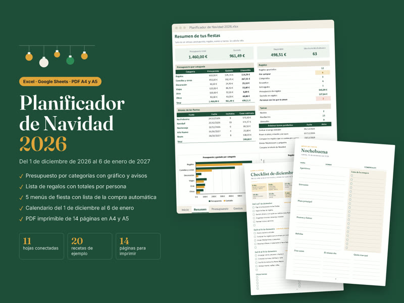 Planificador de Navidad 2026: presupuesto, regalos, menús y lista de la compra (Excel y PDF)