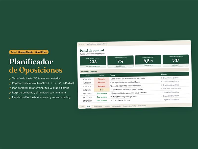 Planificador de Oposiciones (Excel y Google Sheets)