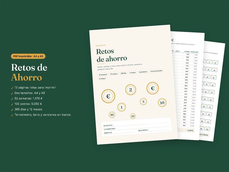 Retos de Ahorro Imprimibles: 52 semanas, 100 sobres y 365 días (PDF)